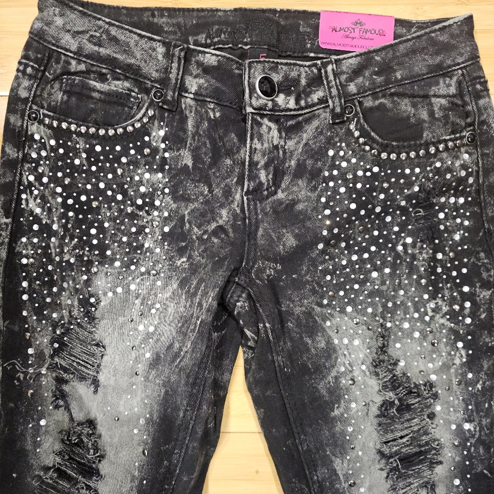 Almost Famous Y2K Distressed Black Gray Rhinestone Studded Pants Skinny Jeans 5 - Picture 3 of 8